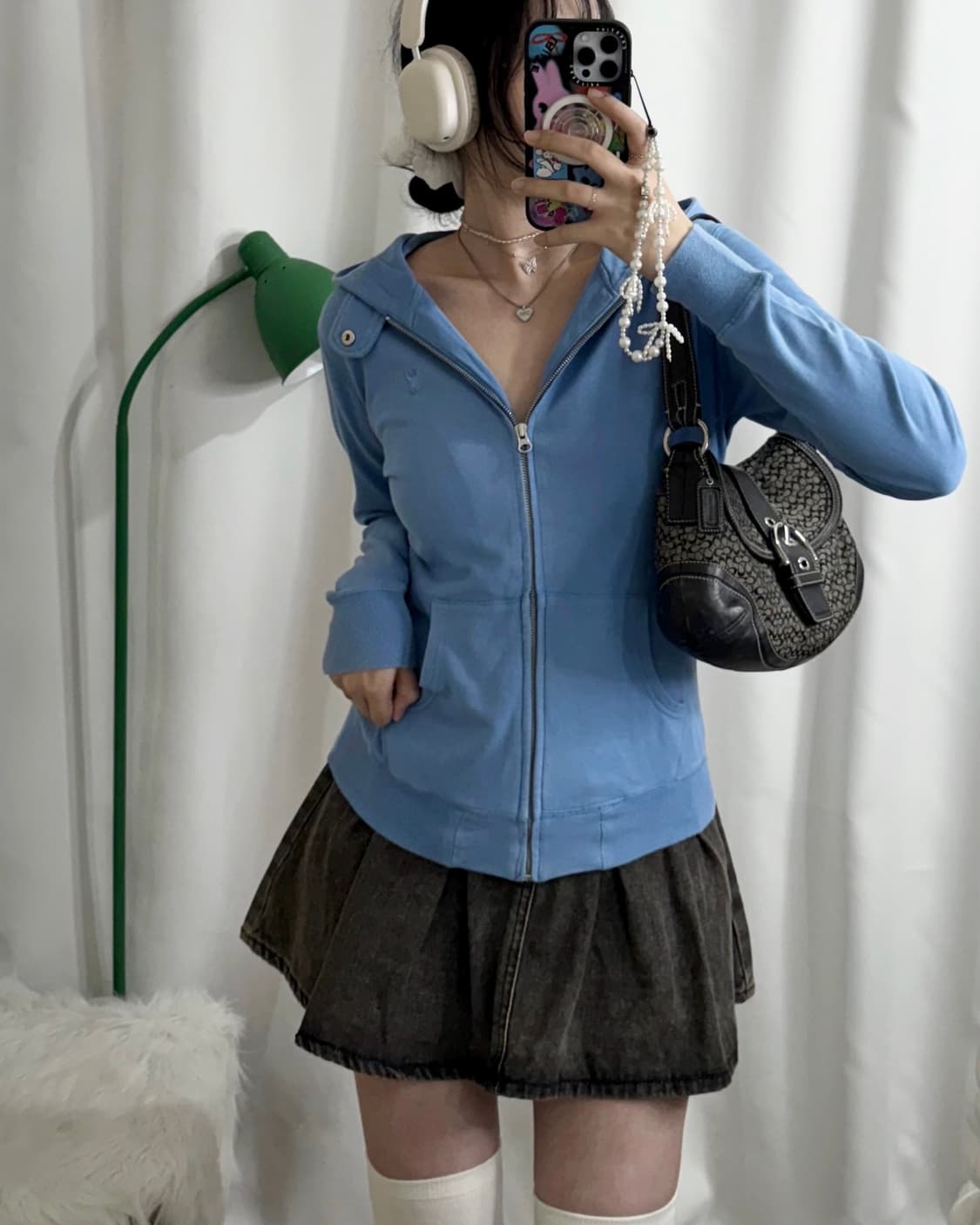 하늘색 넥 버튼 후드 집업 상품이미지1