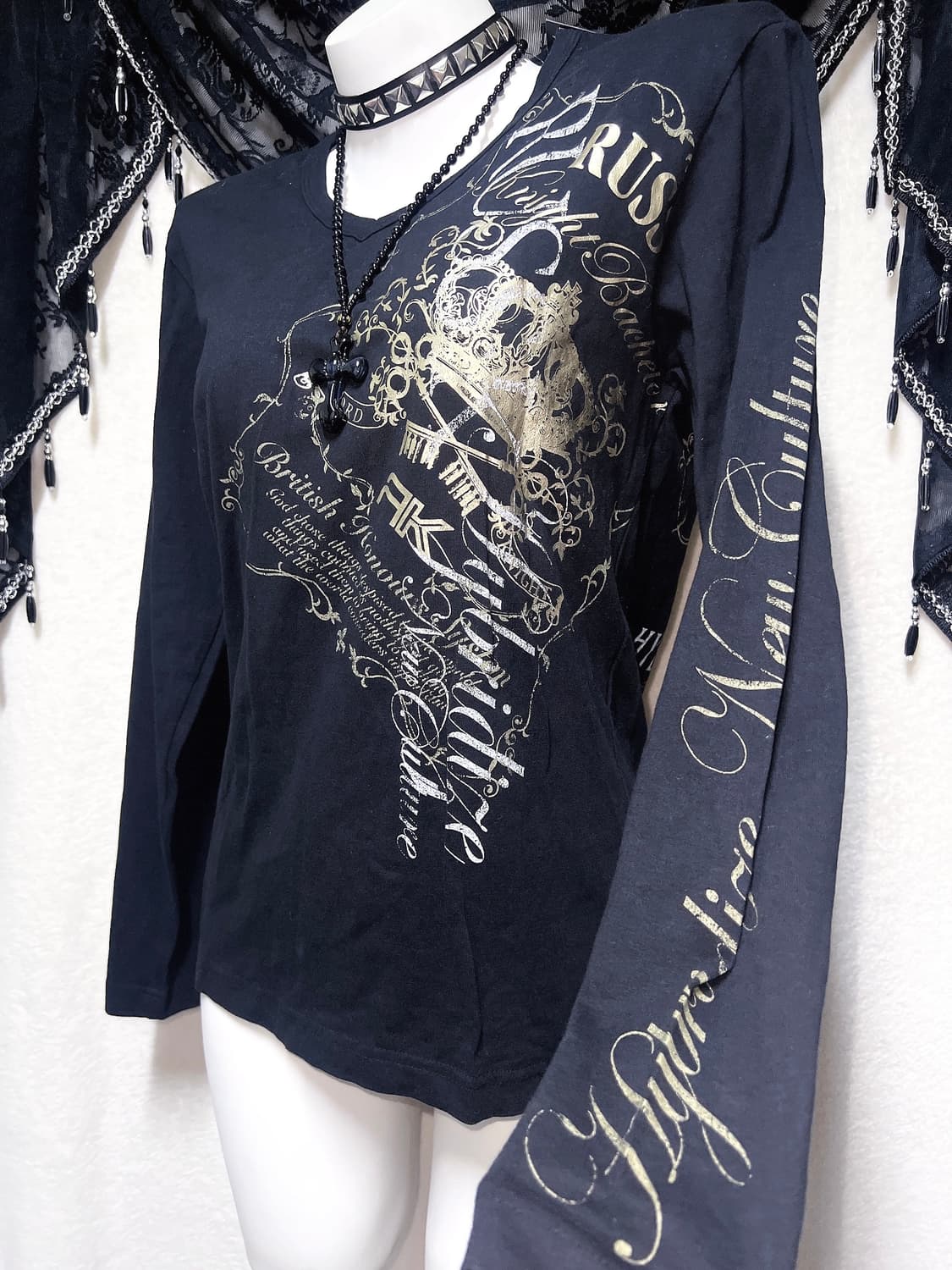 레터링 프린팅 브이넥 롱슬리브리스 긴팔탑 오네갸루 고스펑크 y2k 와투케 상품이미지4