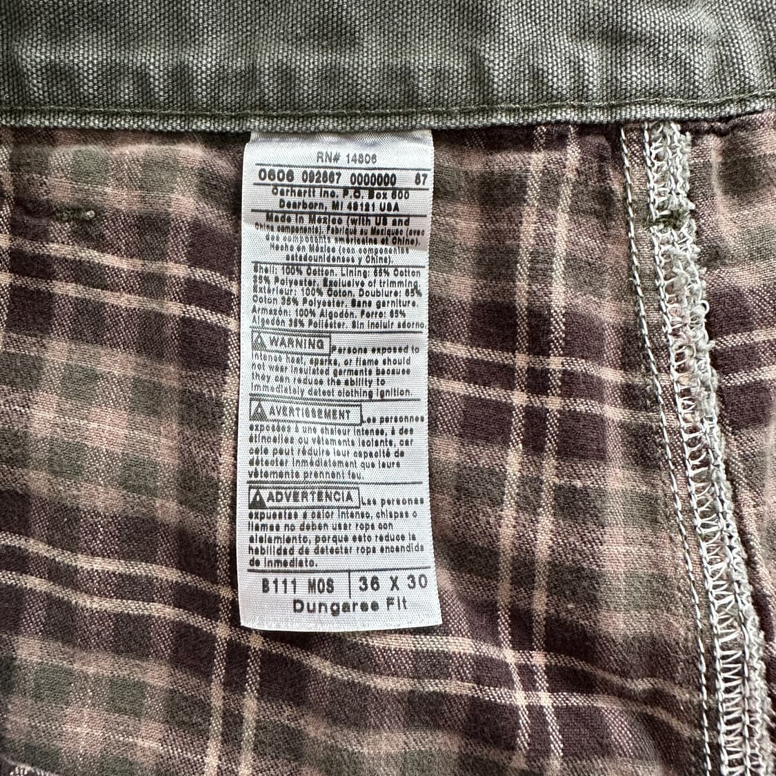칼하트 B111 체크 안감 모스 그린 팬츠 36x30 MOS 상품이미지5