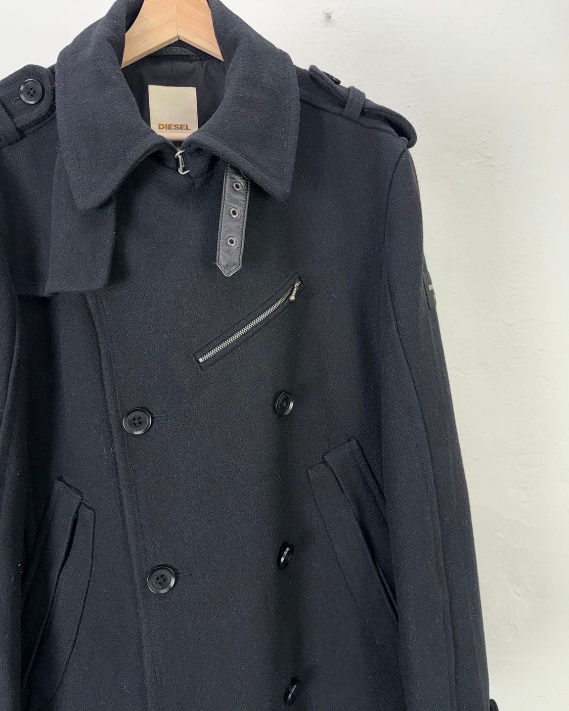 디젤 00s 블랙 투웨이 울 벨티드 카라 밀리터리 하프 코트 상품이미지3