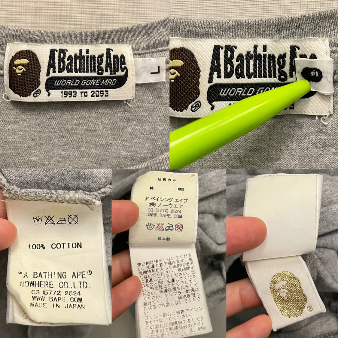 (L)10s BAPE 베이프 초기 로고 코튼 반팔티셔츠 그레이 상품이미지10