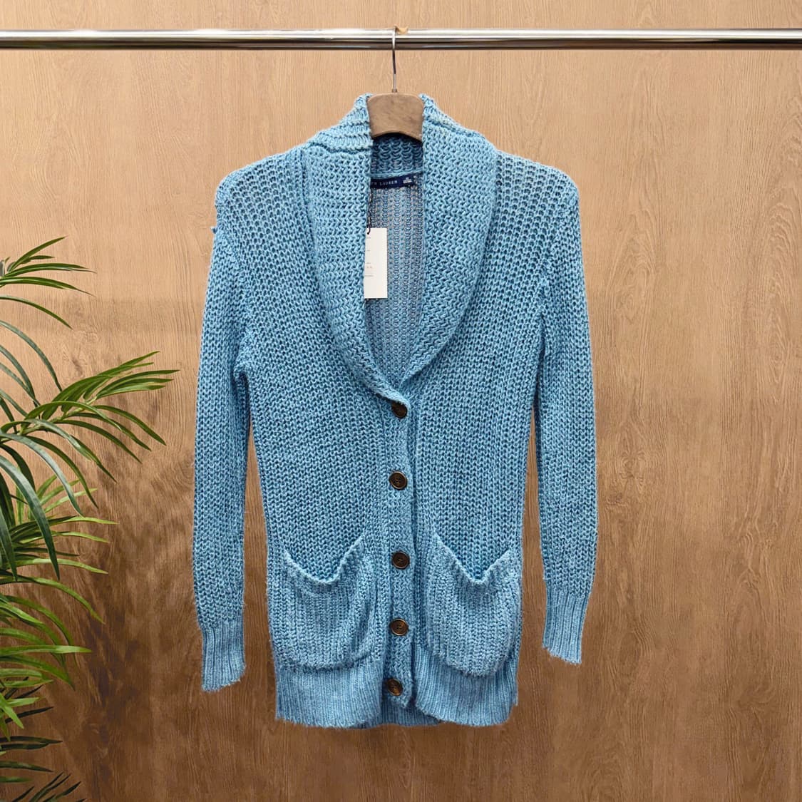 폴로 랄프 로렌 니트 가디건 숄카라 오픈워크 조직 디테일 더스티 블루 상품이미지1