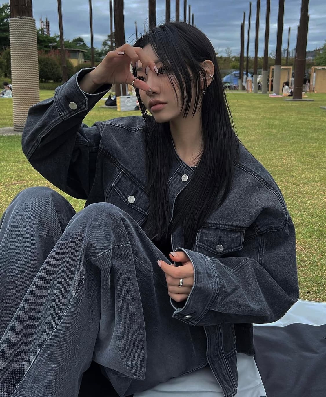 (풀세트)트리밍버드 원버튼 데님 셋업 흑청 세트(구버전) 상품이미지2