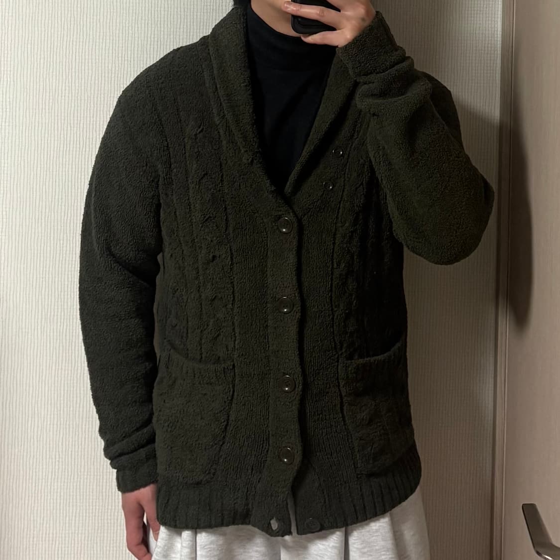 정품 제이프레스 쉐기독 플리스 니트 숄카라 가디건 카키 상품이미지1