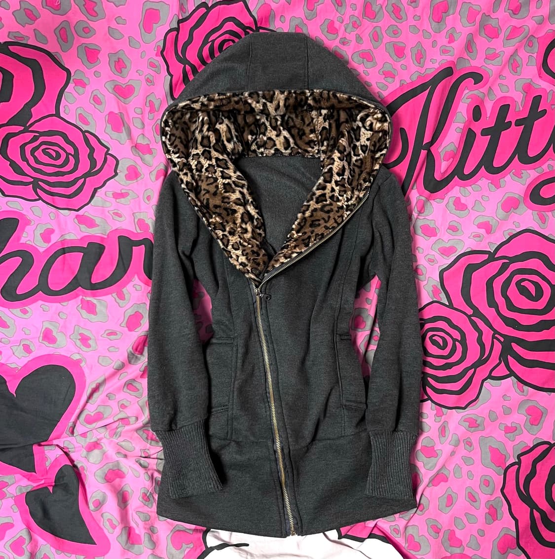 오네갸루 레오파드 퍼 트리밍 그레이 후디집업 y2k빈티지 핀터 펑크00s 상품이미지1