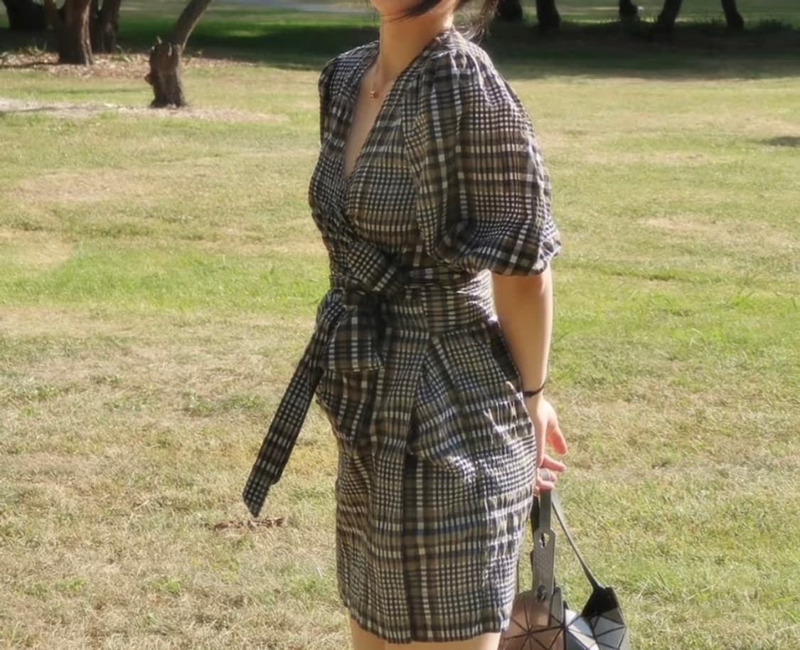 가니(GANNI) 시어서커 체크 랩 미니 원피스  상품이미지5