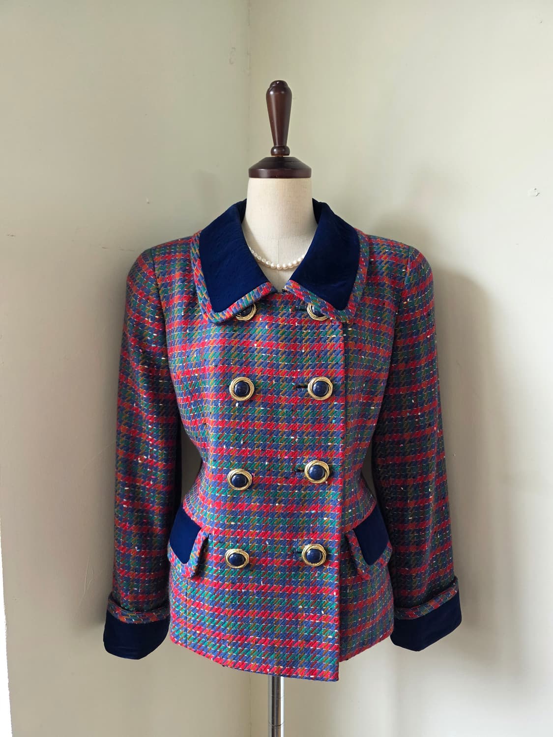 벨벳 배색 카라 보카시 체크 트위드 자켓 상품이미지1