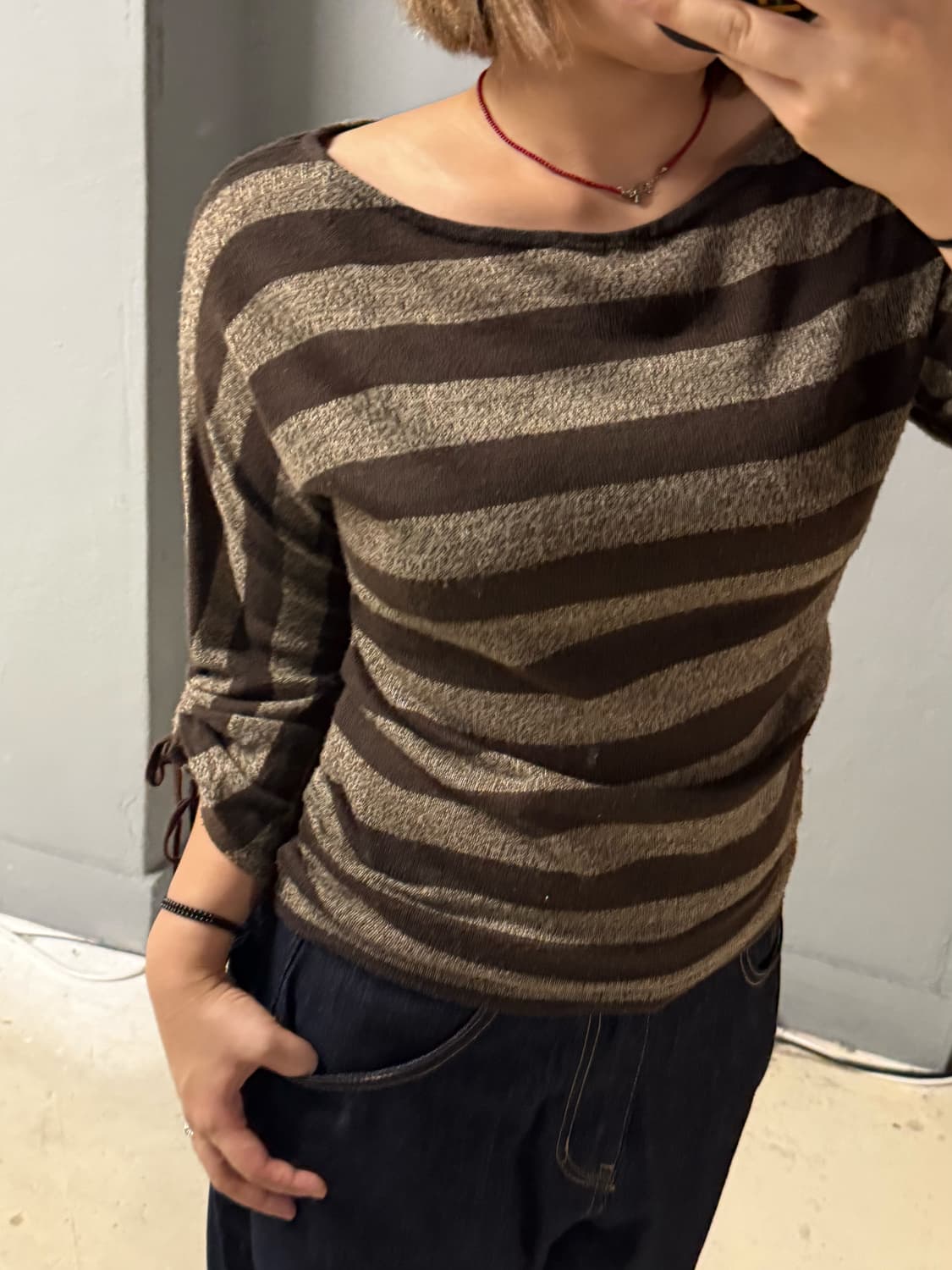 brown stripe pattern shirring detail top 상품이미지2