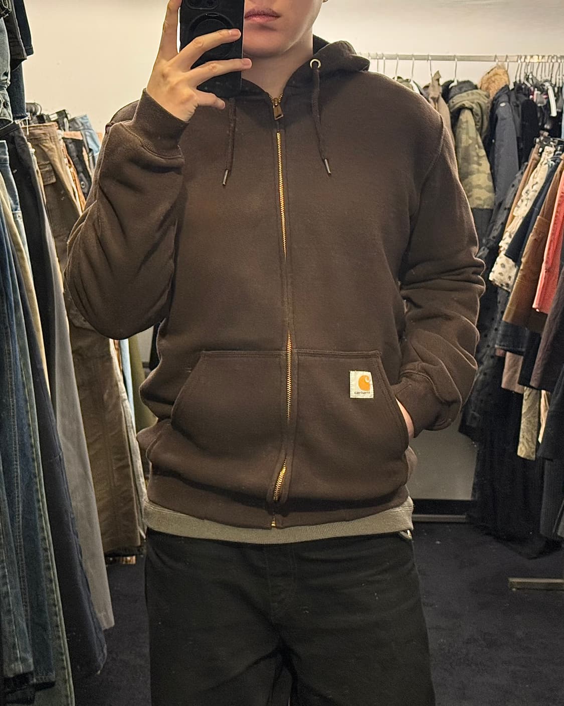 칼하트 기모 안감 브라운 갈색 후드 집업 S 90 오버핏 워크 후디 스웻 상품이미지1