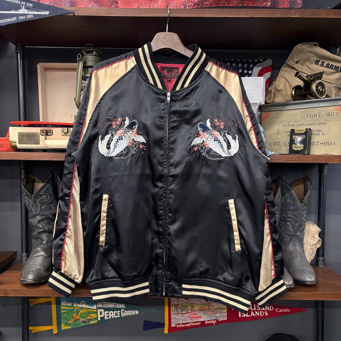 JPN빈티지 수베니어 사틴 스카쟌 자켓 잉어자수 샴페인골드 N611 상품이미지1