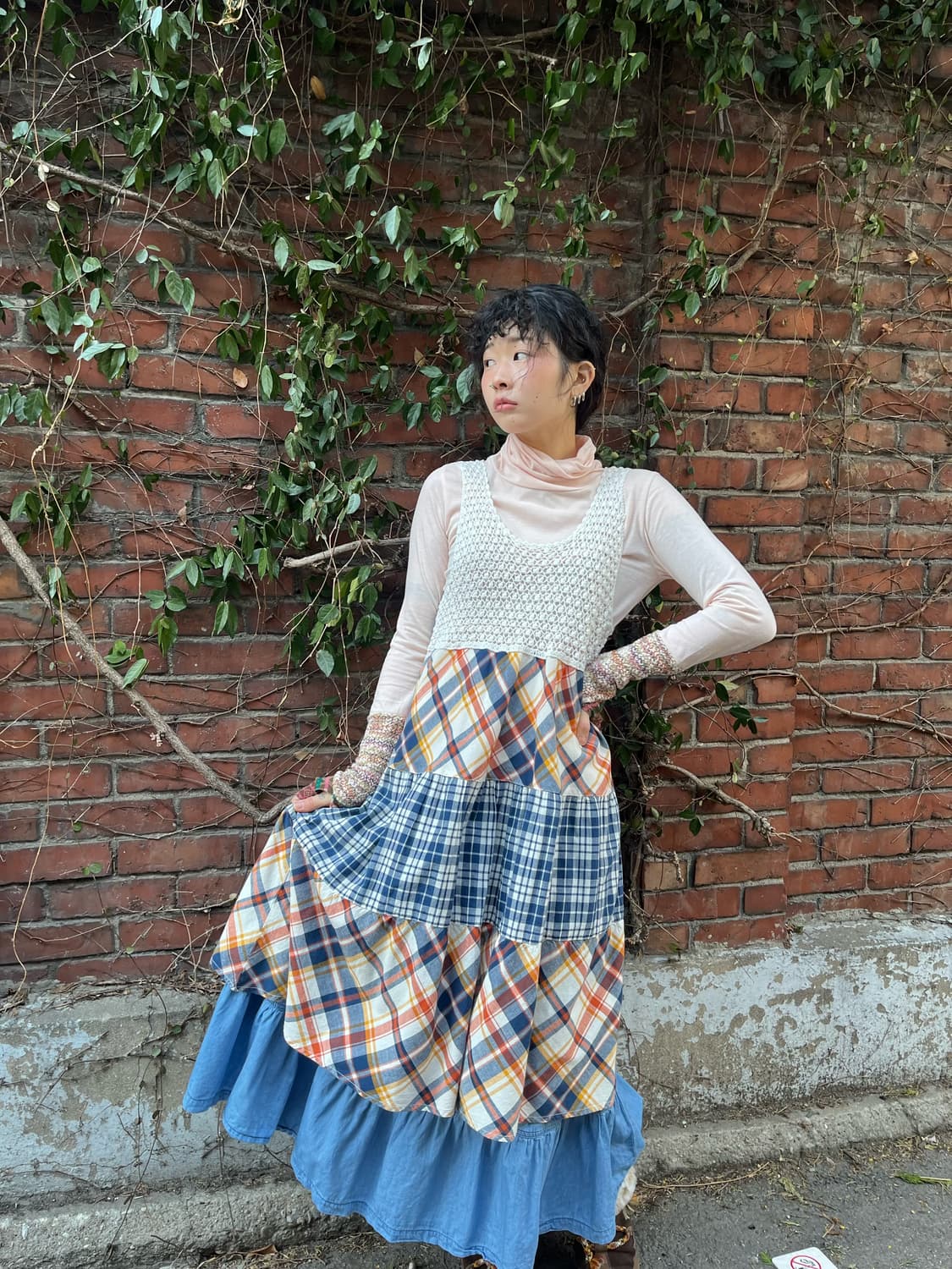 빈티지 체크 패치 원피스 상품이미지3