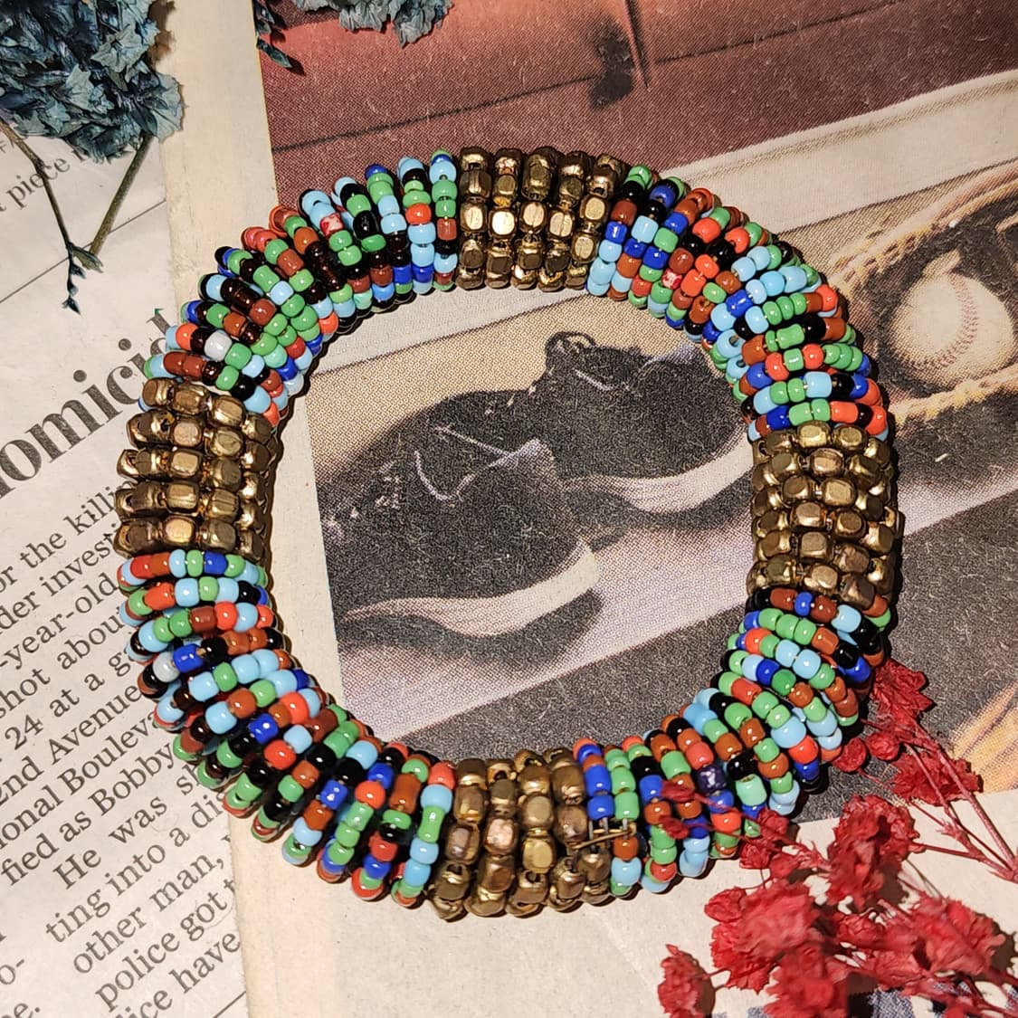 90s 프랑스 빈티지 팔찌 멀티 컬러 비즈 보헤미안 스타일 와이어 팔찌 상품이미지1