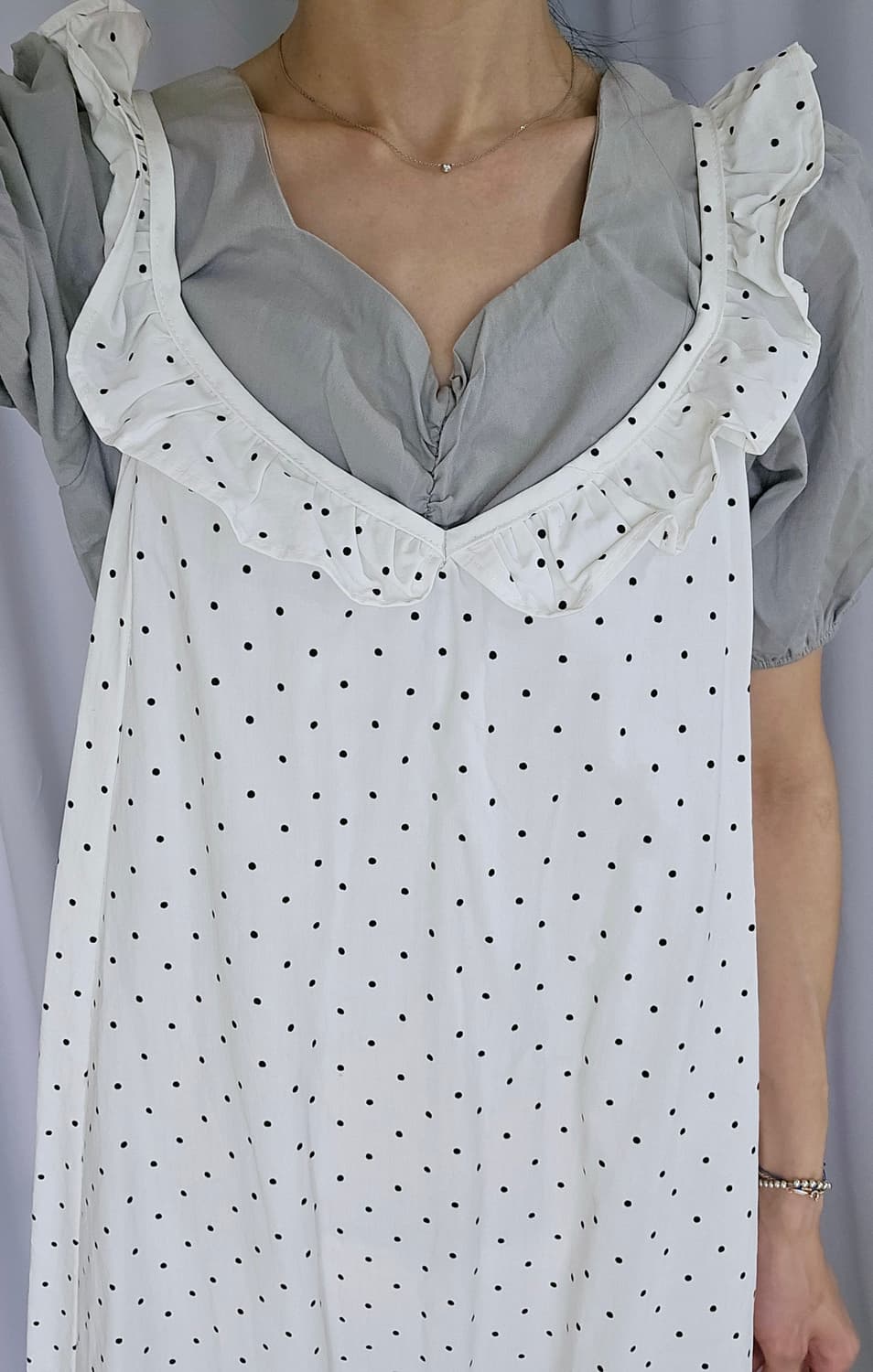 일본빈티지 도트 원피스 + 셔링 크롭 블라우스 레이어드 세트 (여리핏) 상품이미지3