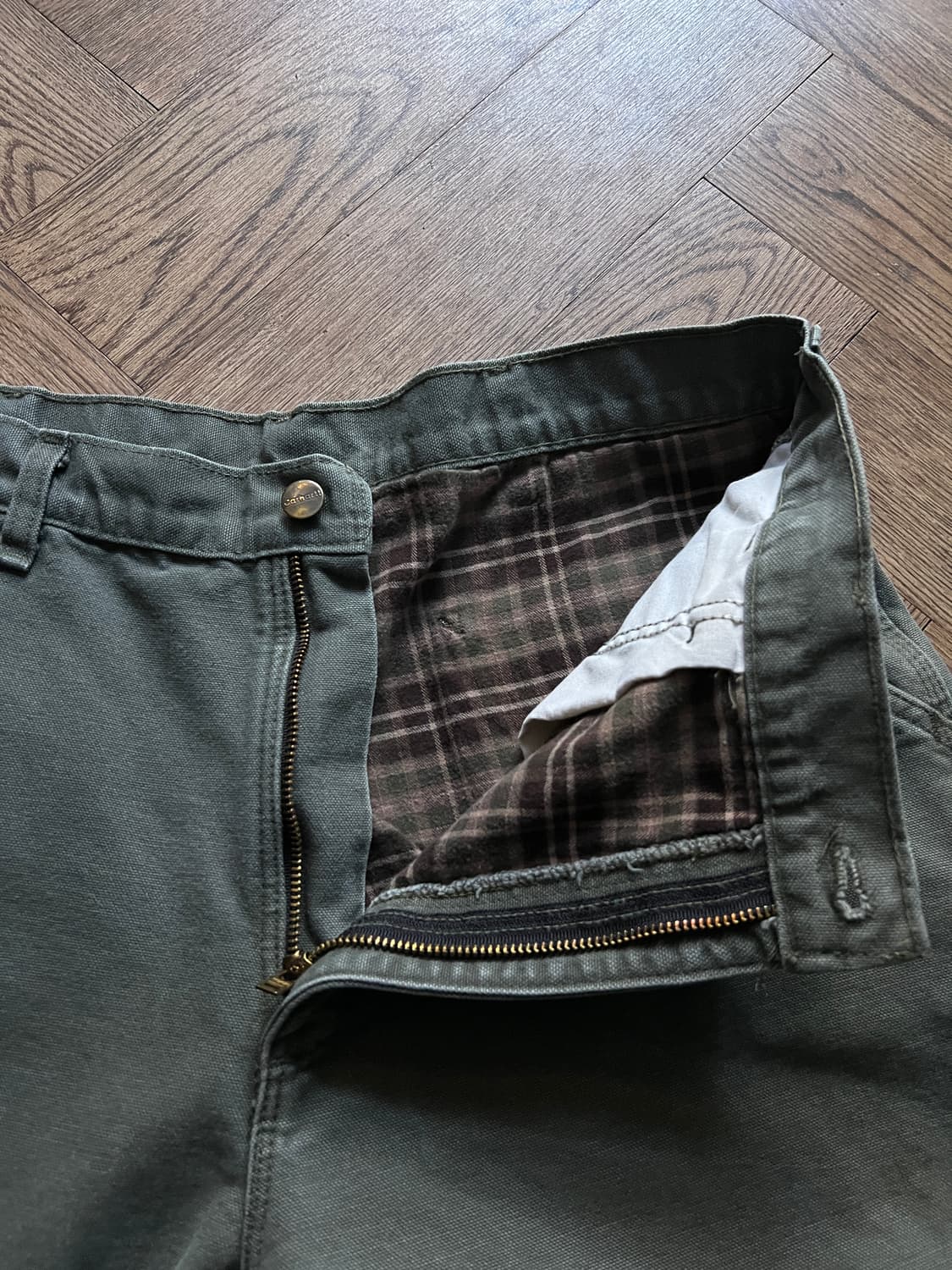 [36]칼하트 USA 체크 라이닝 모스그린 카펜터 워크 팬츠 M11 상품이미지3