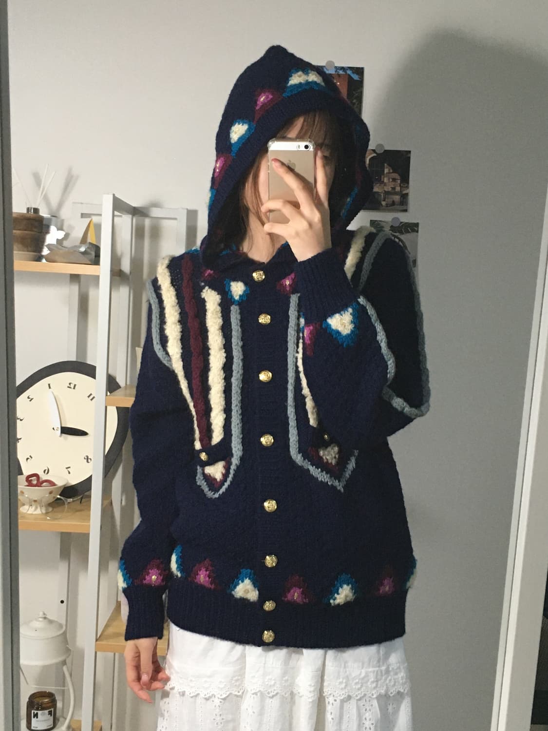 울 자카드 패치 후드 니트 가디건 상품이미지4