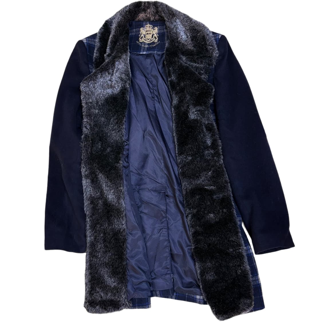 빈티지 네이비 체크 털 카라 코트 상품이미지4