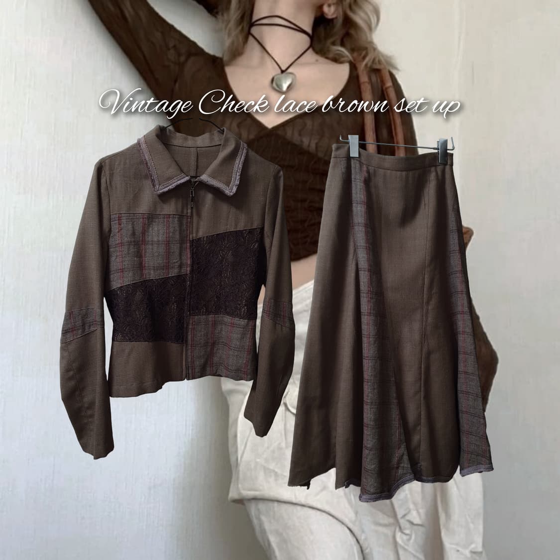 Vintage Check lace brown set u 상품이미지1