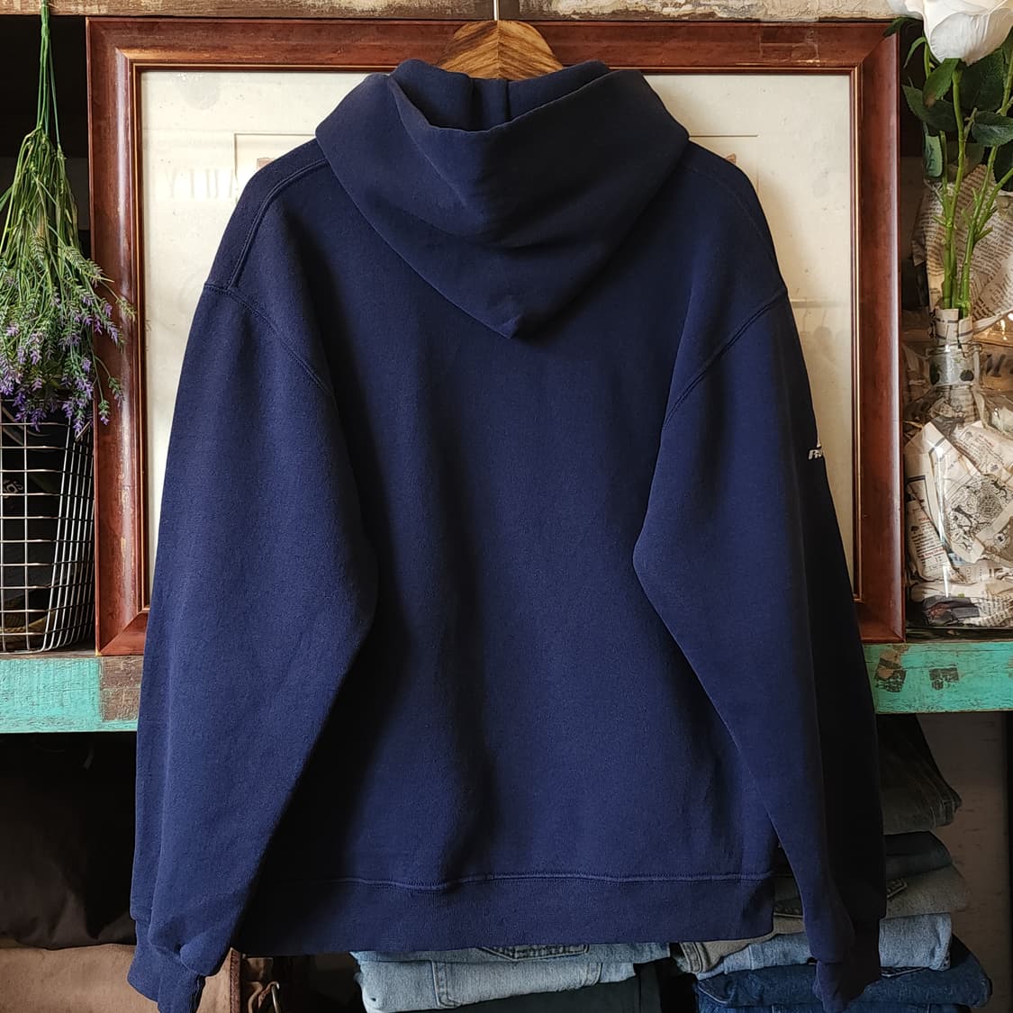 90s 러셀 후드 스웻셔츠 블루스 오리지널 빈티지 레터링 네이비 상품이미지3
