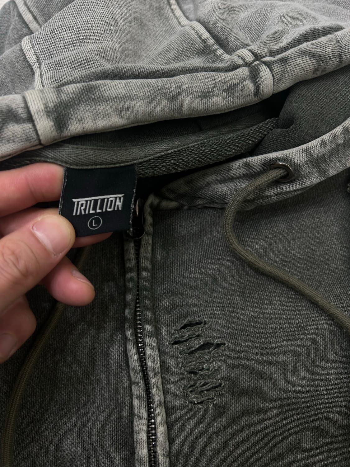 [L]트일리온 오버핏 디스트로이드 후드집업/더티카키 상품이미지4