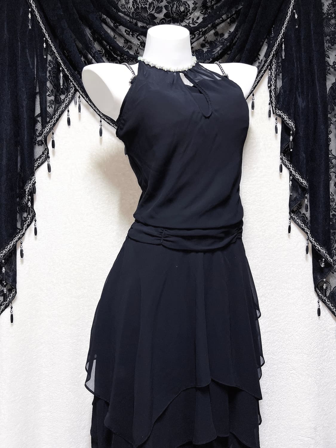 로맨틱고딕 고스 갸루 비즈 홀터넥 나시 언발 쉬폰원피스 파티드레스 연말 상품이미지1