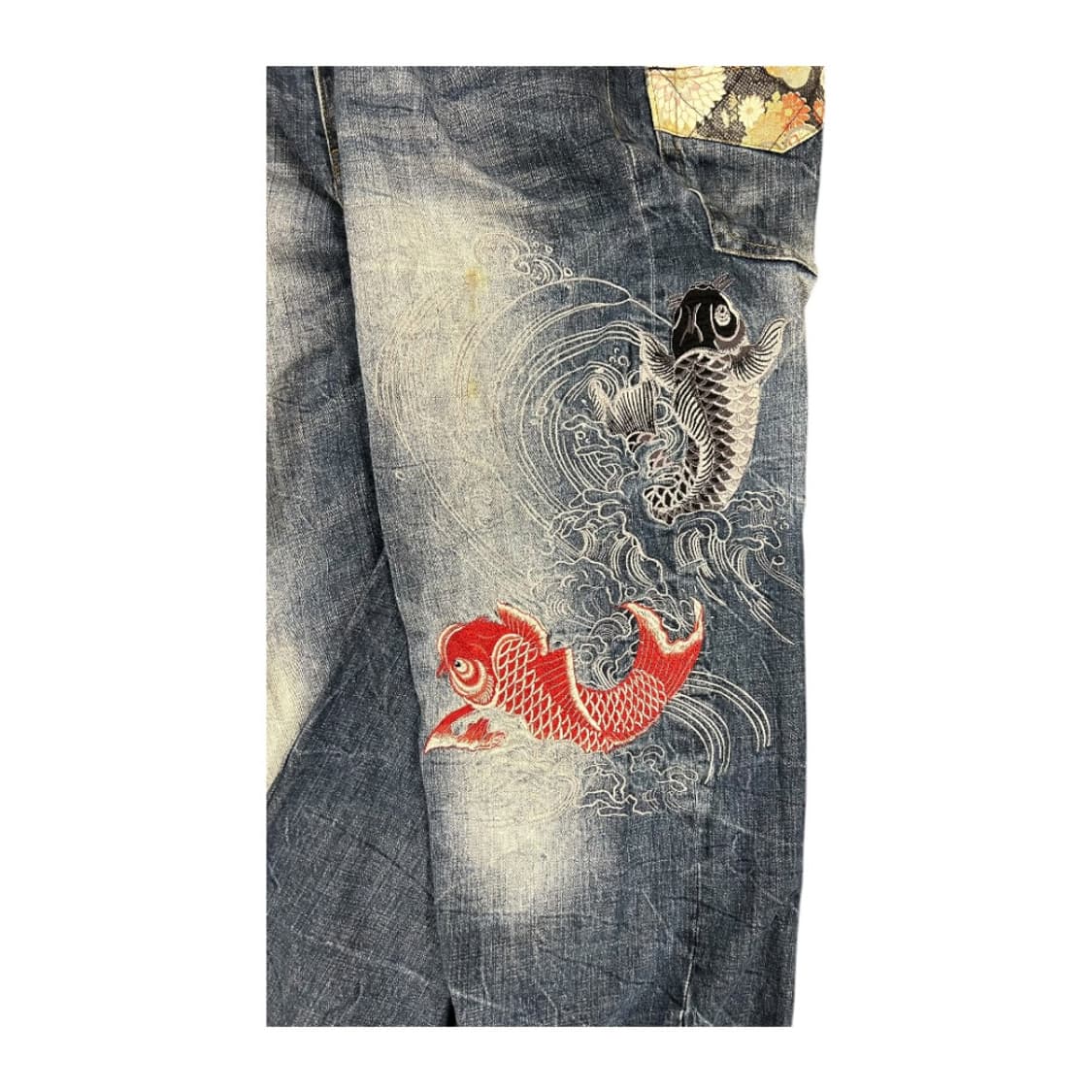 2XL) 카라쿠리 타마시 잉어&국화 자수 와이드 데님팬츠 BD-071 상품이미지10