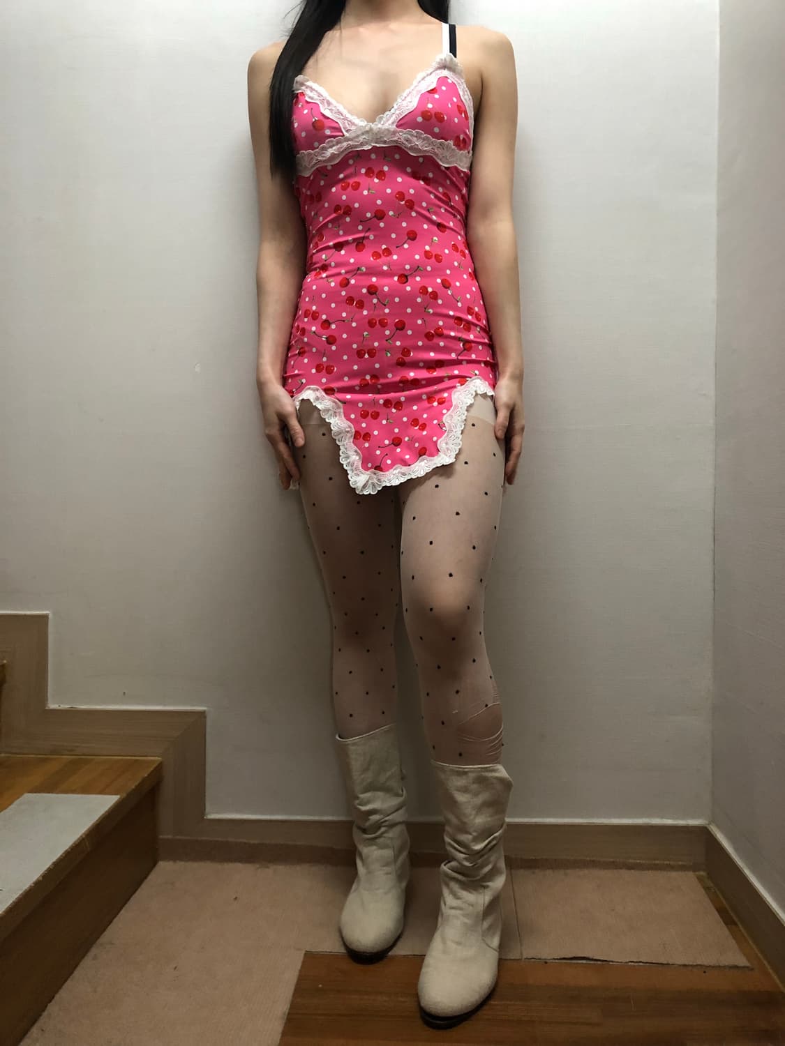 빈티지 핑크 체리 도트 슬립 원피스 상품이미지5