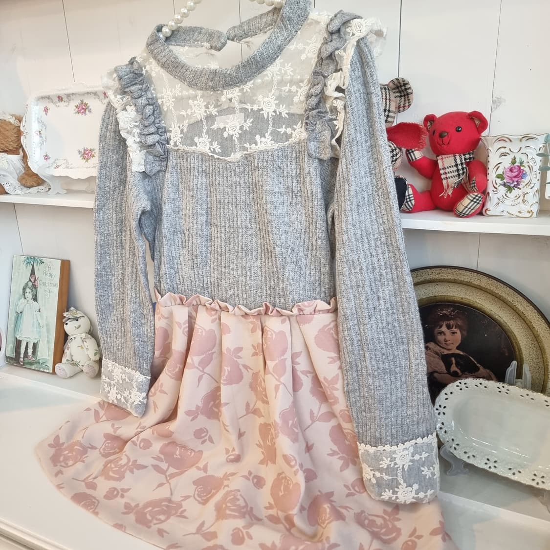 Liz Lisa 그레이 니트  로즈 플레어 레이스 원피스 상품이미지4