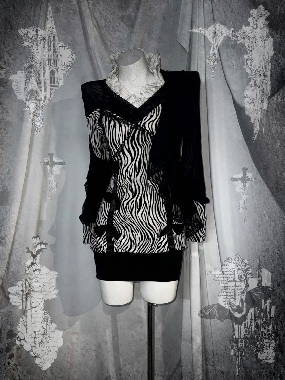 무채색 지브라 시부야갸루 딱붙 오픈숄더 코디세트 상품이미지1