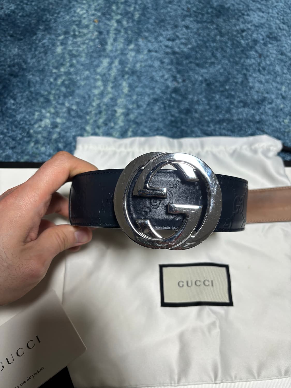 구찌 인터로킹 더블G 버클 남성용 벨트 네이비 상품이미지1