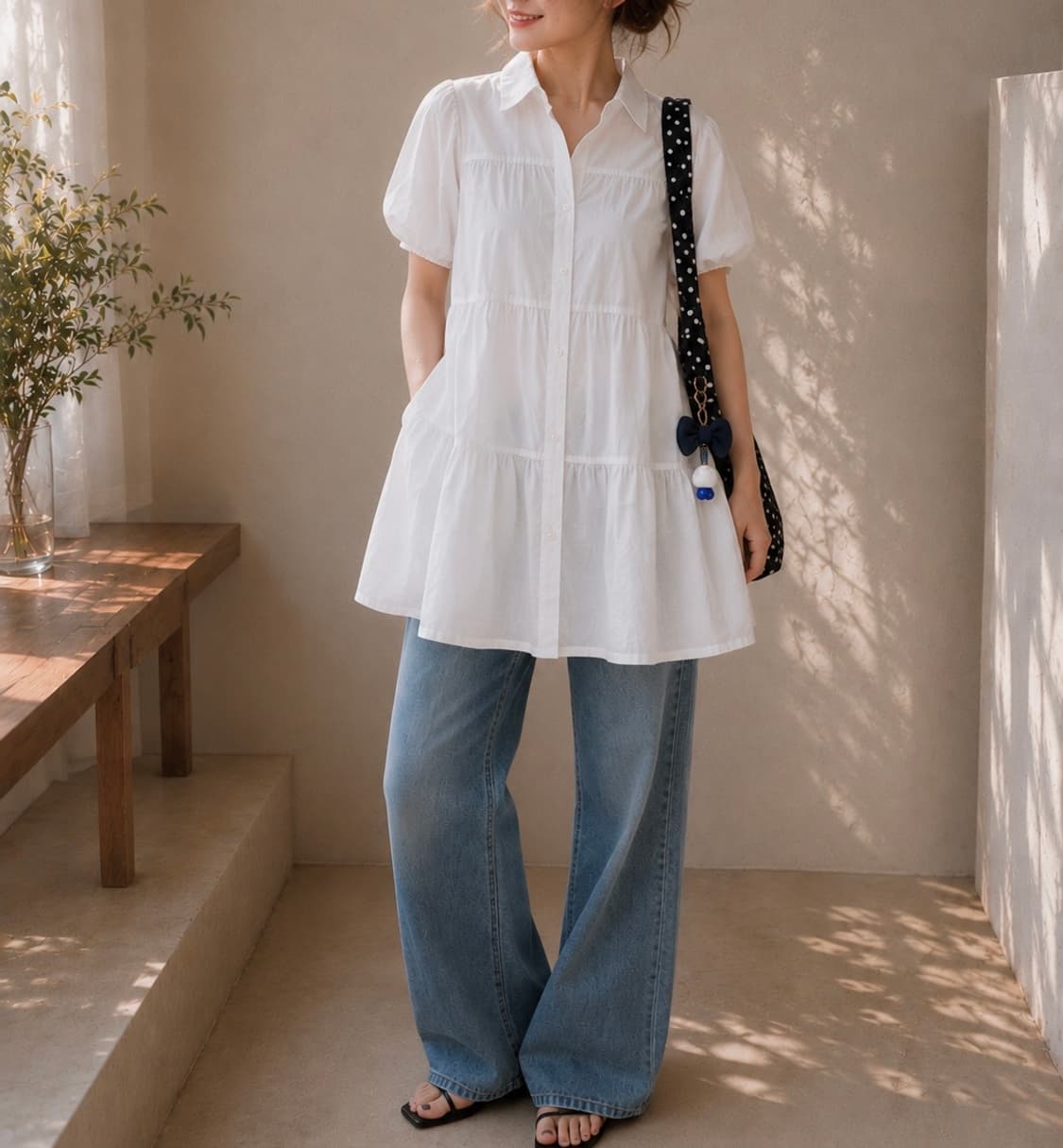 ZARA 화이트 퍼프소매 티어드 셔츠 원피스 상품이미지4