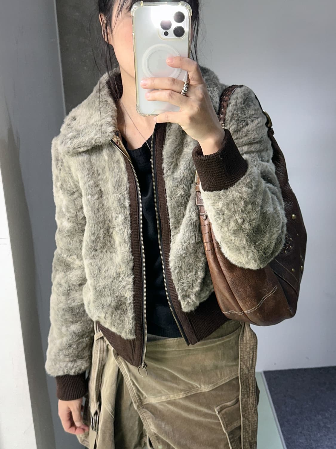 ash brown fur zip collar jacket 상품이미지2