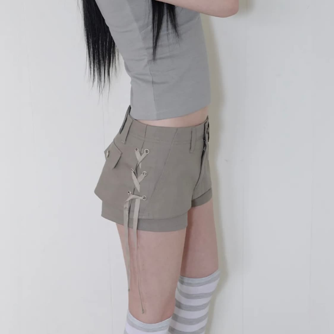 사일프레이 레이어드 레이스업 스커츠 쇼츠 카키브라운 상품이미지1