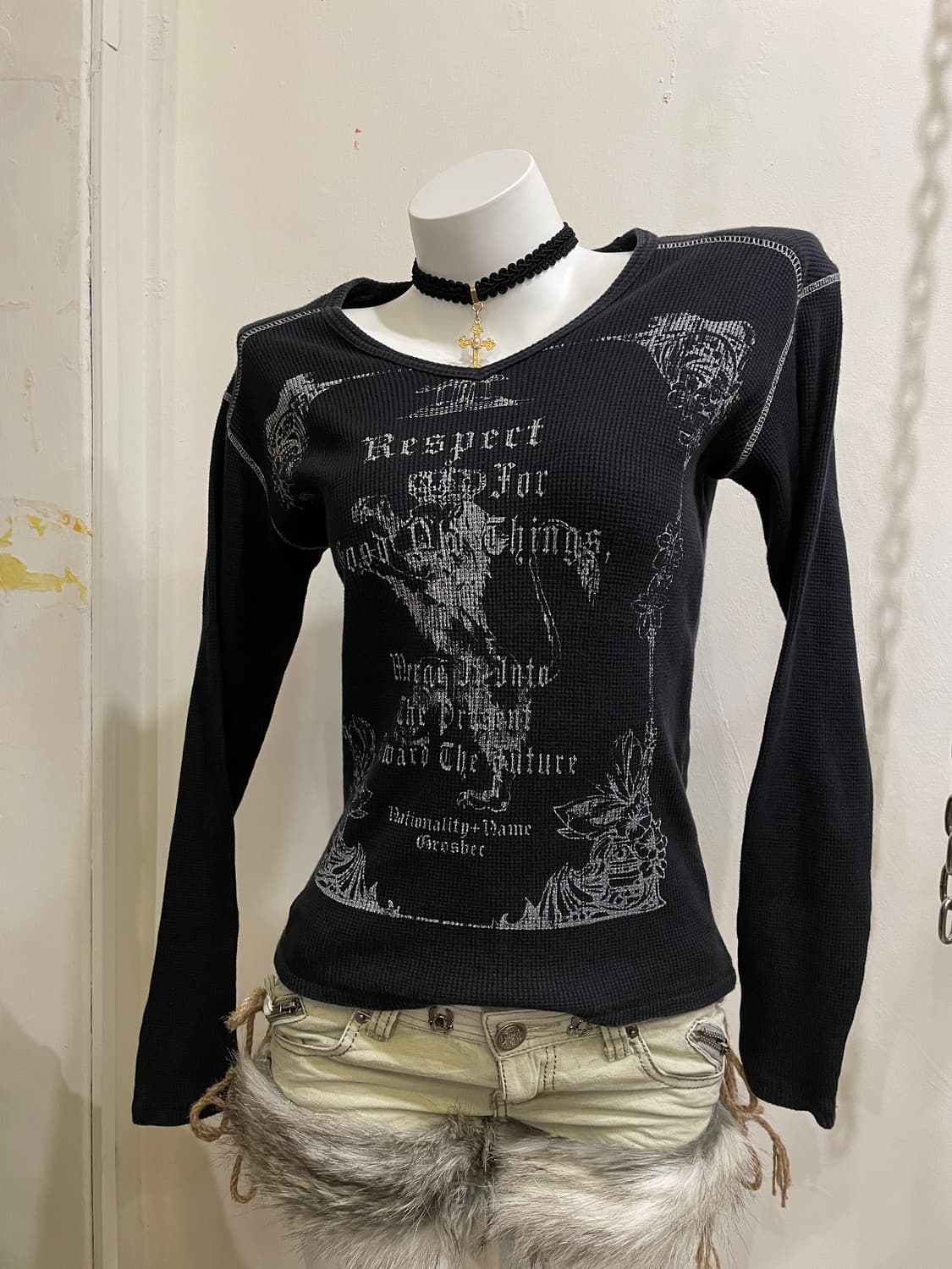 화이트 프린팅 와플 롱슬리브 펑크 y2k 상품이미지1