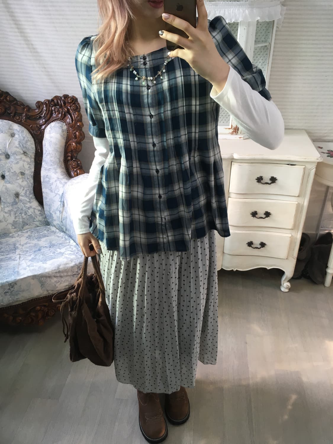 jpn vintage blue check pintuck blouse 상품이미지2