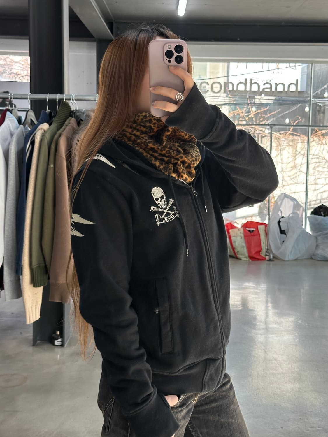 벤슨 넥핸드워머 레오파드 스컬윙 후드집업 상품이미지3