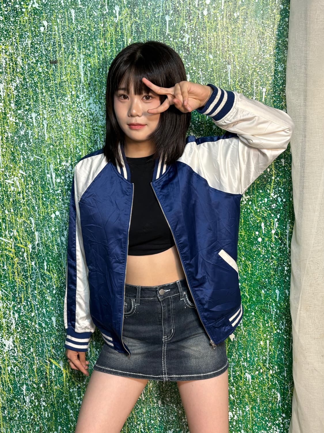 일본 빈티지 블루 배색 새틴 스카잔 점퍼 M 상품이미지1