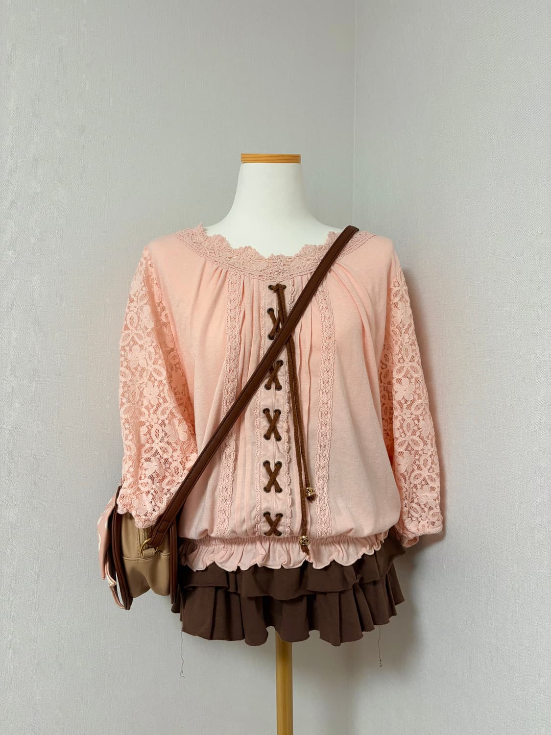 리즈리사 히메카지 코랄 아일릿 롱슬리브 큐롯 스커트 아가일 가방 딸초 상품이미지1