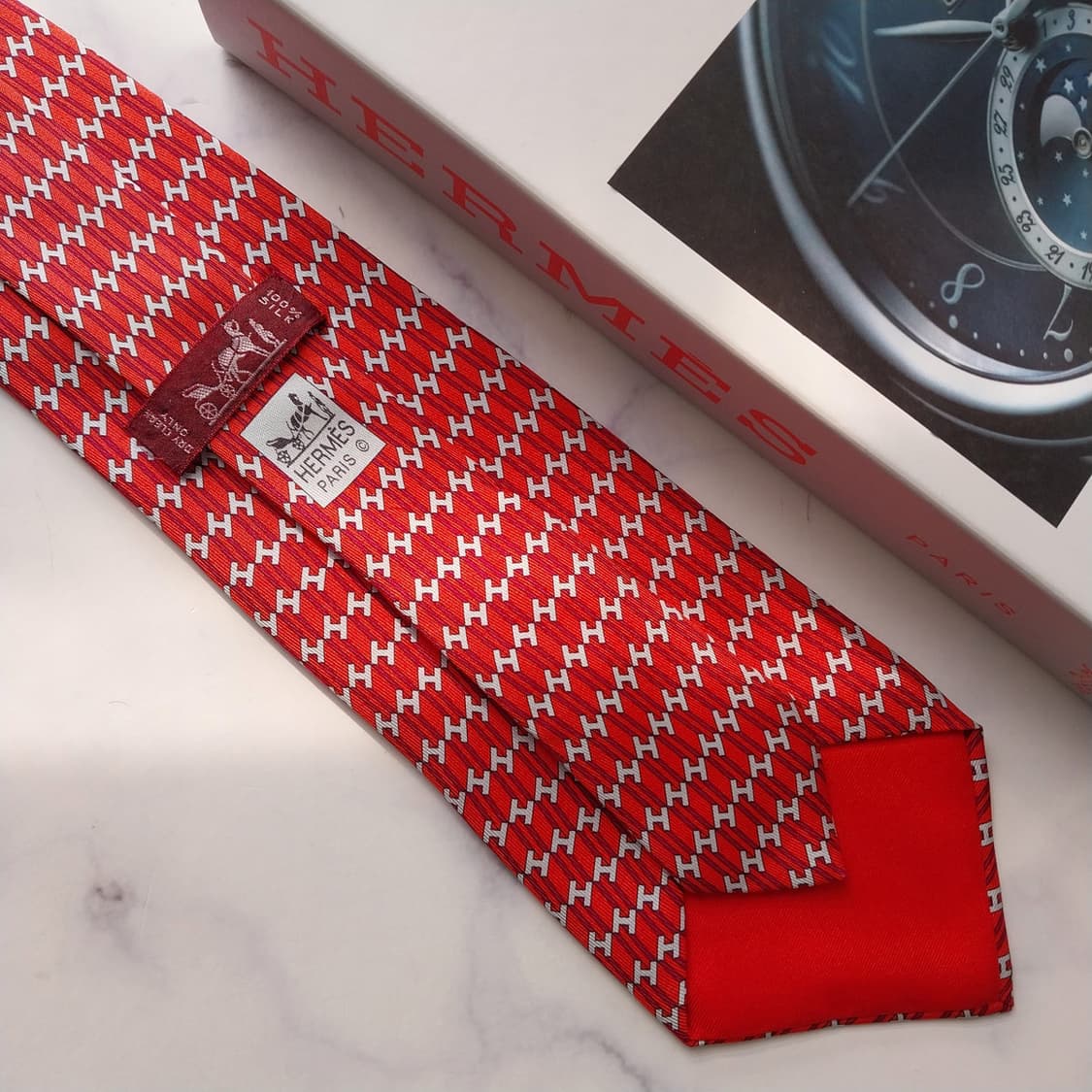 에르메스 실크 레드 H 모티브 넥타이 9.5cm A+~A등급 K2042 상품이미지8