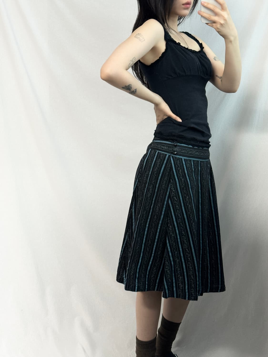 레이스 슬리브리스 버튼 스트라이프 스커트 2pcs SET 상품이미지3