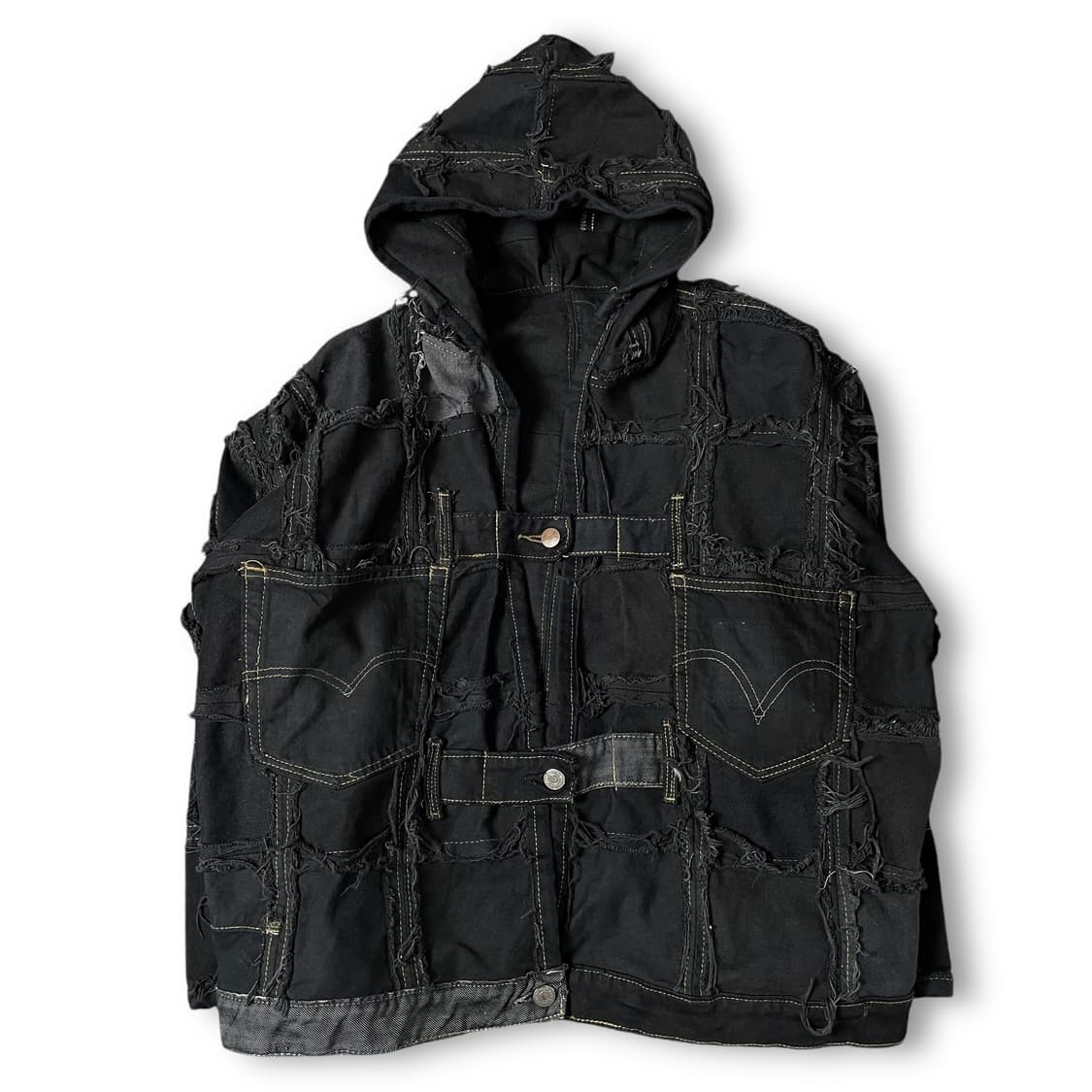 빈티지 흑청 리워크 패치 후드 커스텀 데님 자켓 상품이미지1