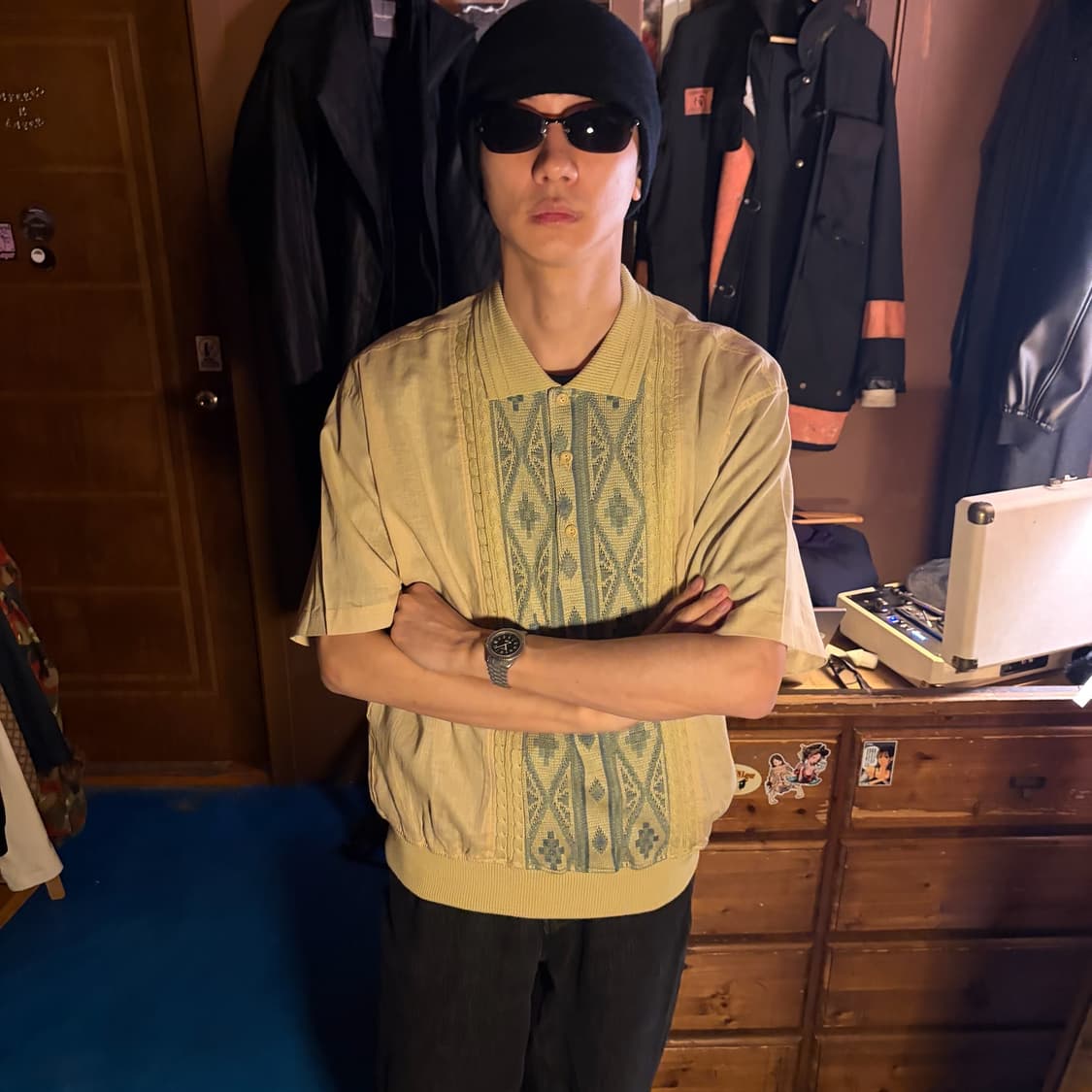 LINEN JAQUARD KNIT PANEL SHIRT 상품이미지1