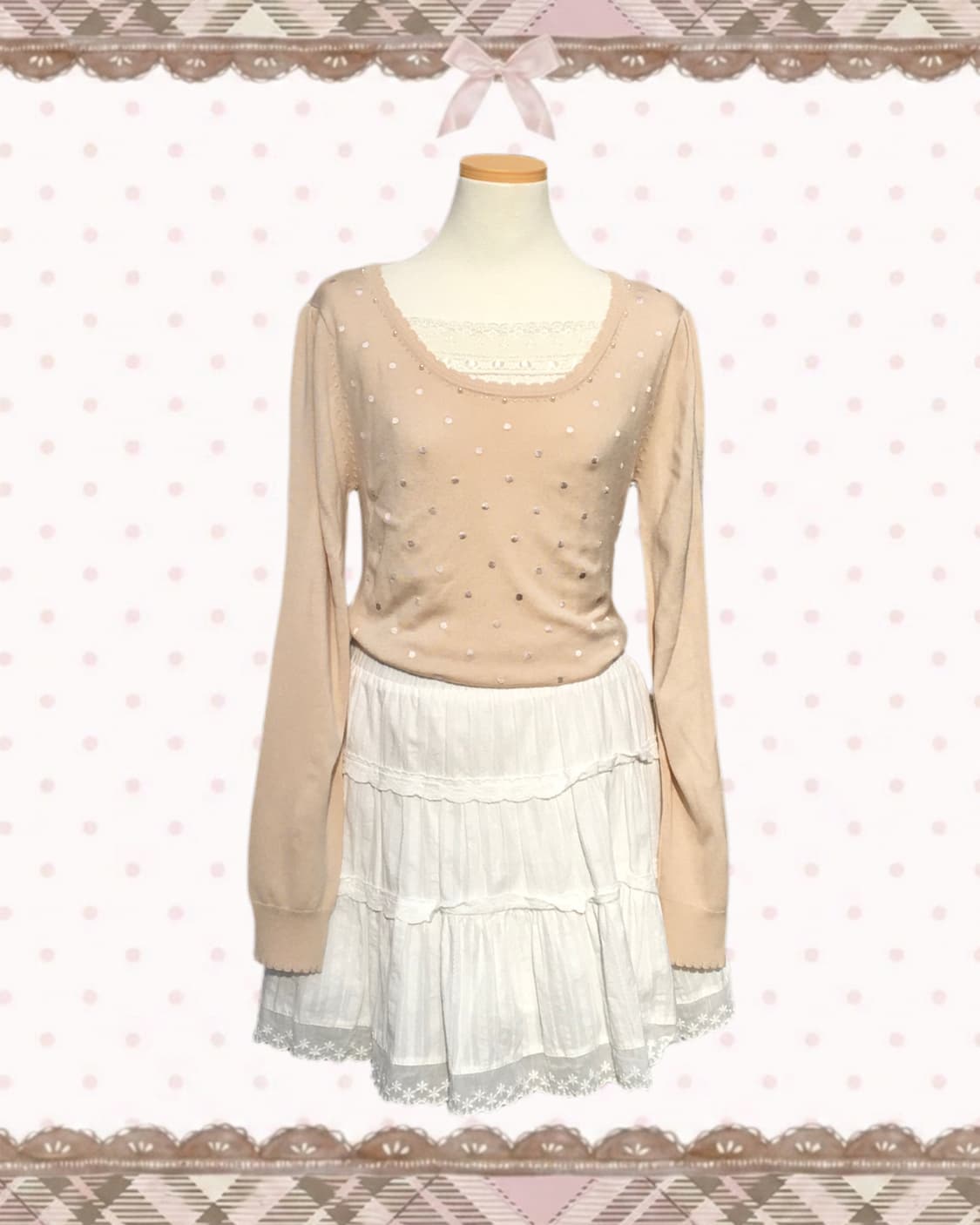 로디스포토 베이지 진주 비즈 도트 니트 상품이미지2