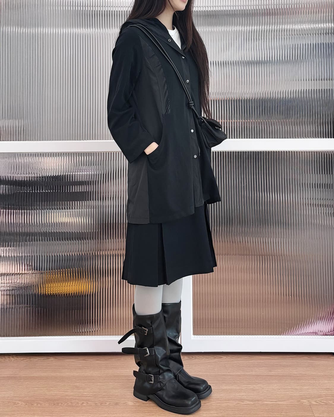 시즈쿠 우븐 배색 포인트 오버사이즈 후드 점퍼 상품이미지7