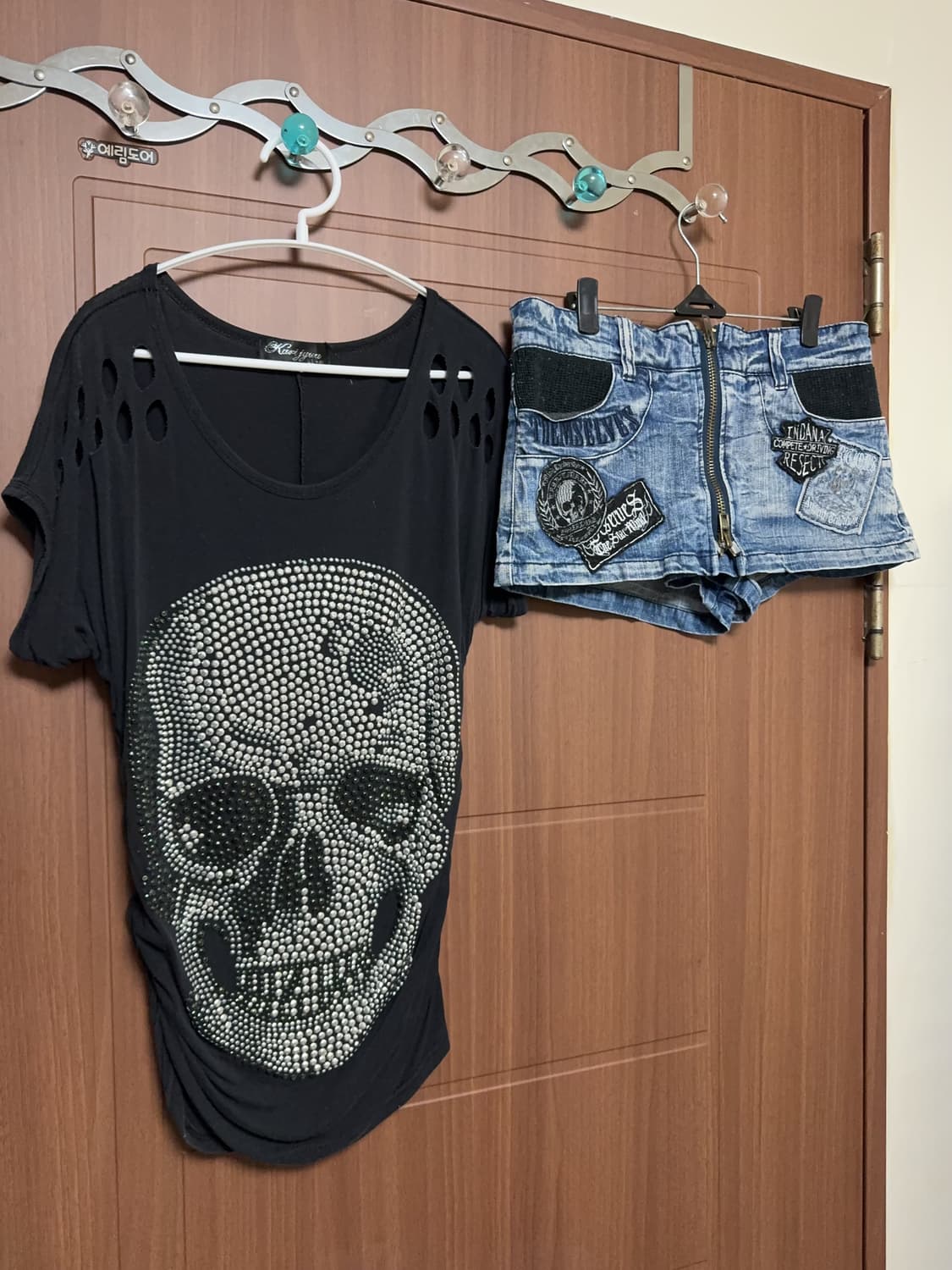 오네갸루 일본 빈티지 락 펑크 y2k 해골 큐빅 티셔츠 데님 와펜 스커트 상품이미지1