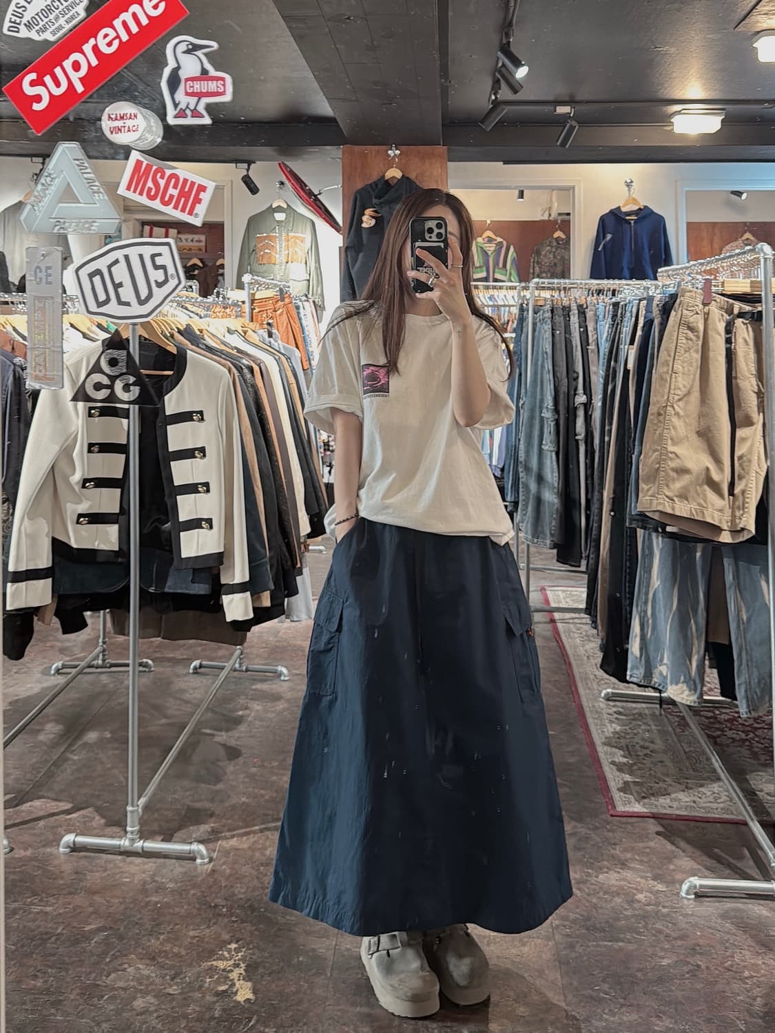 에디바우어 네이비 원드브레이커 나일론 밴딩 롱 스커트 L 상품이미지6