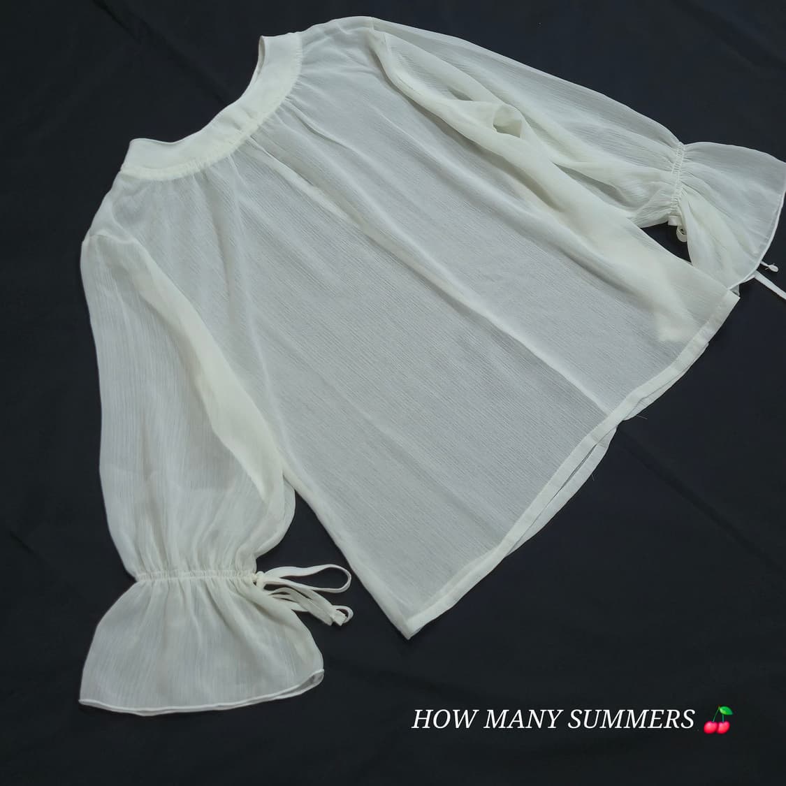 소매 리본 타이 요루 주름 시스루 화이트 블라우스 상품이미지3