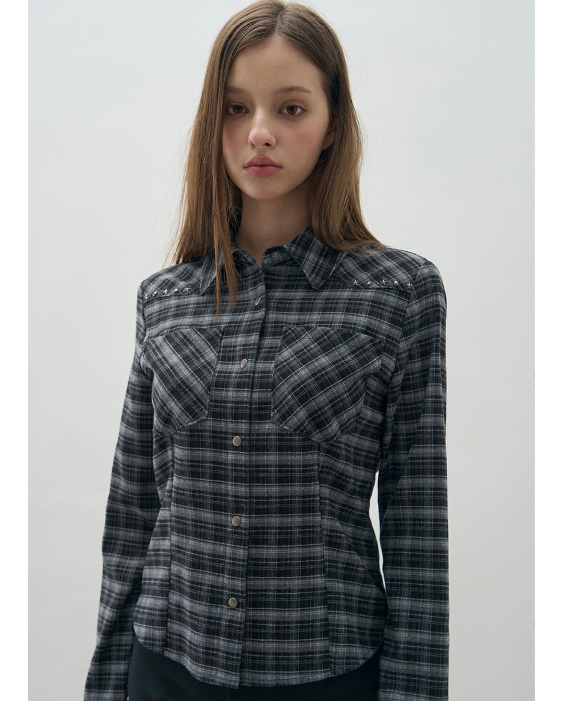 (새상품) 레더리 체크 웨스턴 슬림셔츠 블랙 그레이 겨울셔츠 상품이미지2