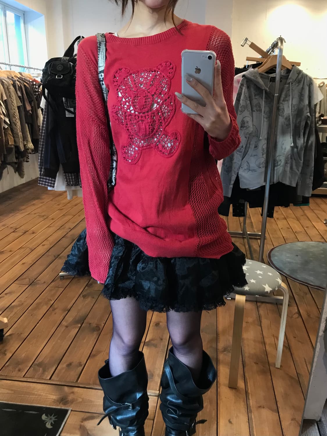 히스테릭글래머 레드 퍽베어 그물 니트 상품이미지2