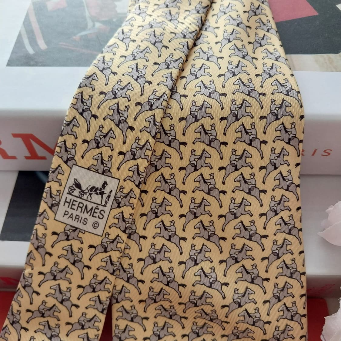 에르메스 실크 옐로우 승마 모티브 넥타이 9.5cm A-등급  K1329 상품이미지3