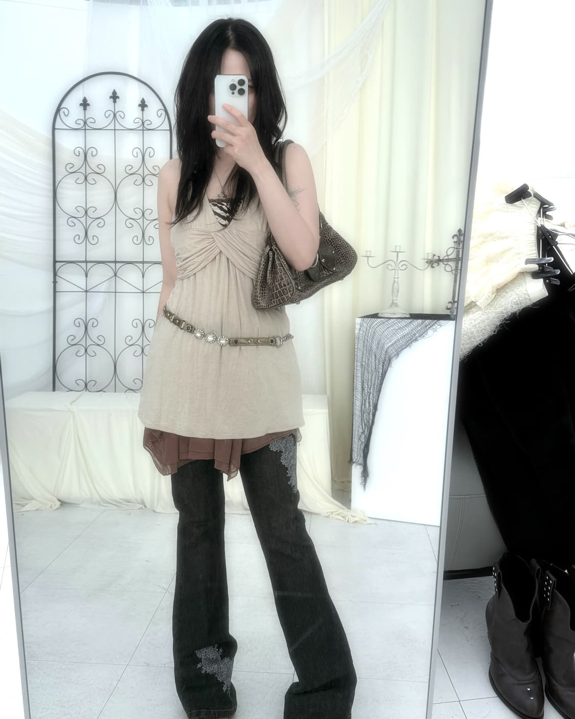 브라운 워시드 레이스 부츠컷 팬츠 상품이미지3